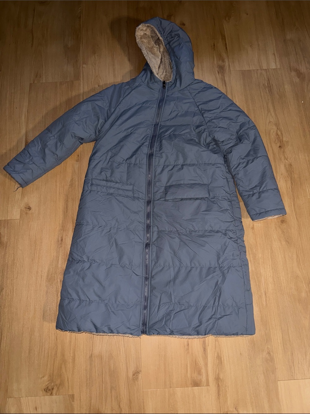 Long Hooded Puffer Coat in Slate Blue
